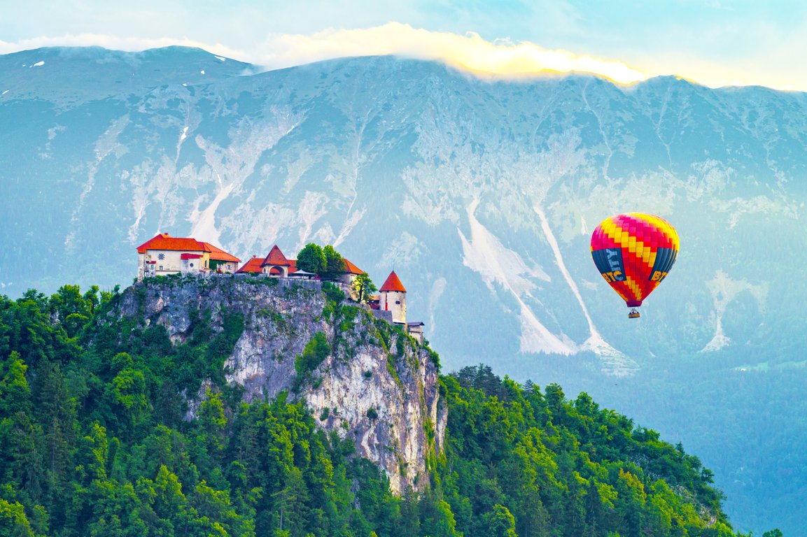 balloon over the lake Bled in Slovenia