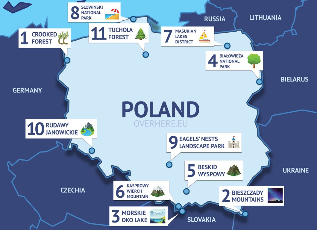 Map showing the Natural Wonders of Poland